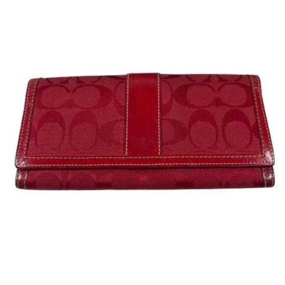 Coach Red Signature C Canvas & Leather Stripe Long Credit Card Wallet - Picture 1 of 14